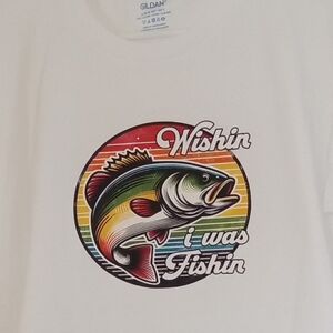 Gildan White and Red Short Sleeve Tee with Fish Graphic